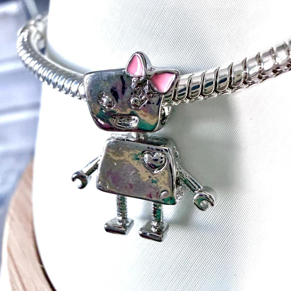 Pandora-like Robot Girl Bead Charm Fits Snake Chain Bracelet Silver Pink Bow